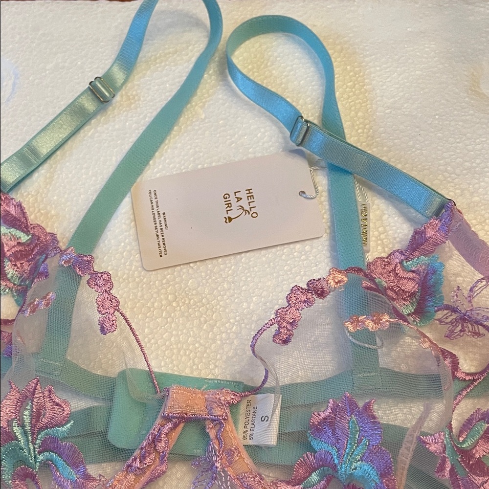 NWT La girl Elegant Floral Lace Bra Set - Pastel Pink /lavender /teal size S - Picture 2 of 13